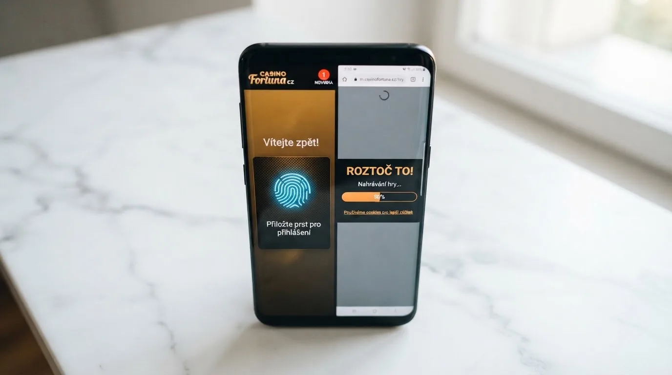 Rozdělená obrazovka telefonu — vlevo nativní kasino aplikace s biometrickým přihlášením, vpravo mobilní web v prohlížeči