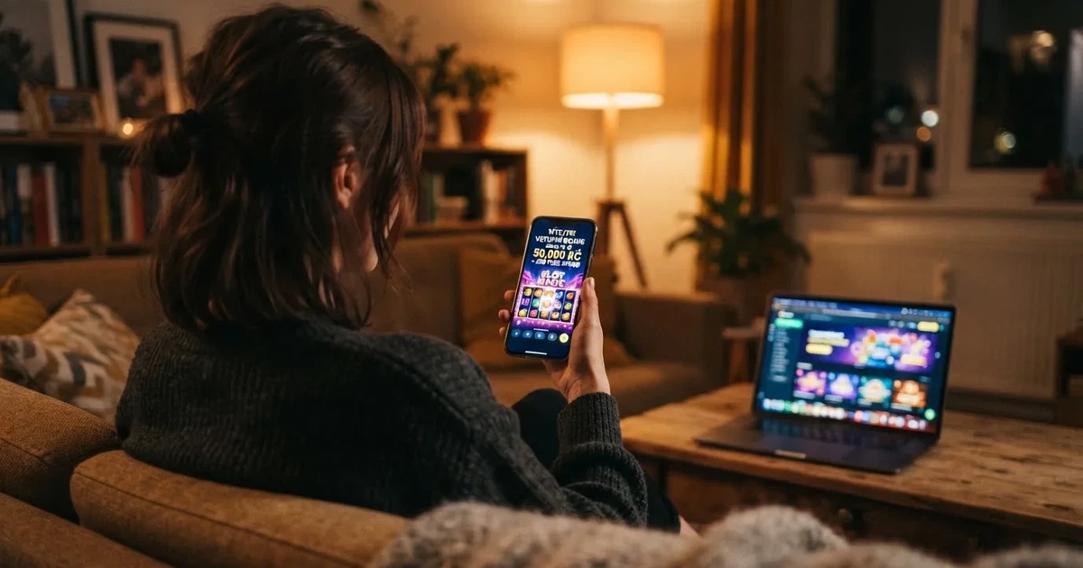Hráč s mobilem v ruce před obrazovkou s online automaty, na displeji září uvítací nabídka bonusu bez vkladu
