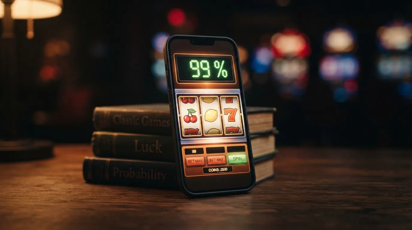 Výherní automat s ovocnými symboly a digitálním ukazatelem RTP 99 % na displeji mobilního telefonu