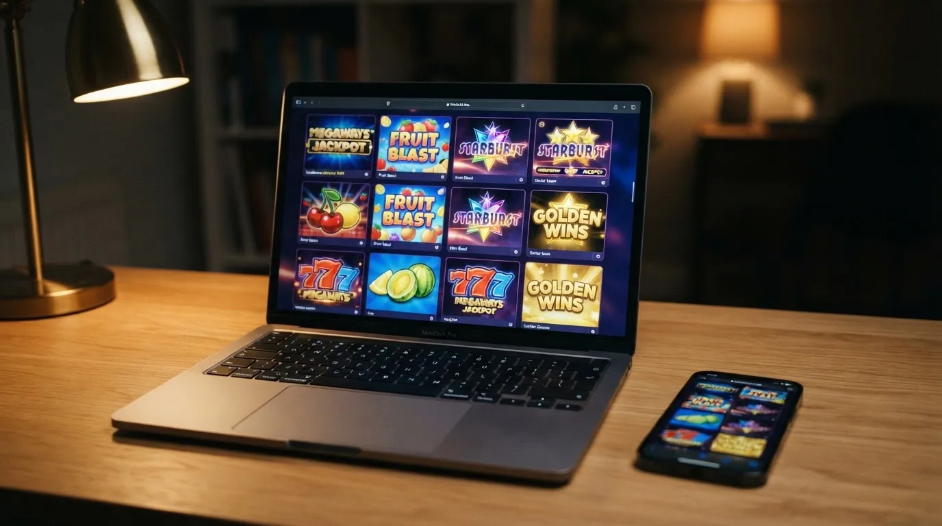 Rozhraní online casina s výběrem výherních automatů — na obrazovce viditelné hry od poskytovatelů jako Pragmatic Play a Synot