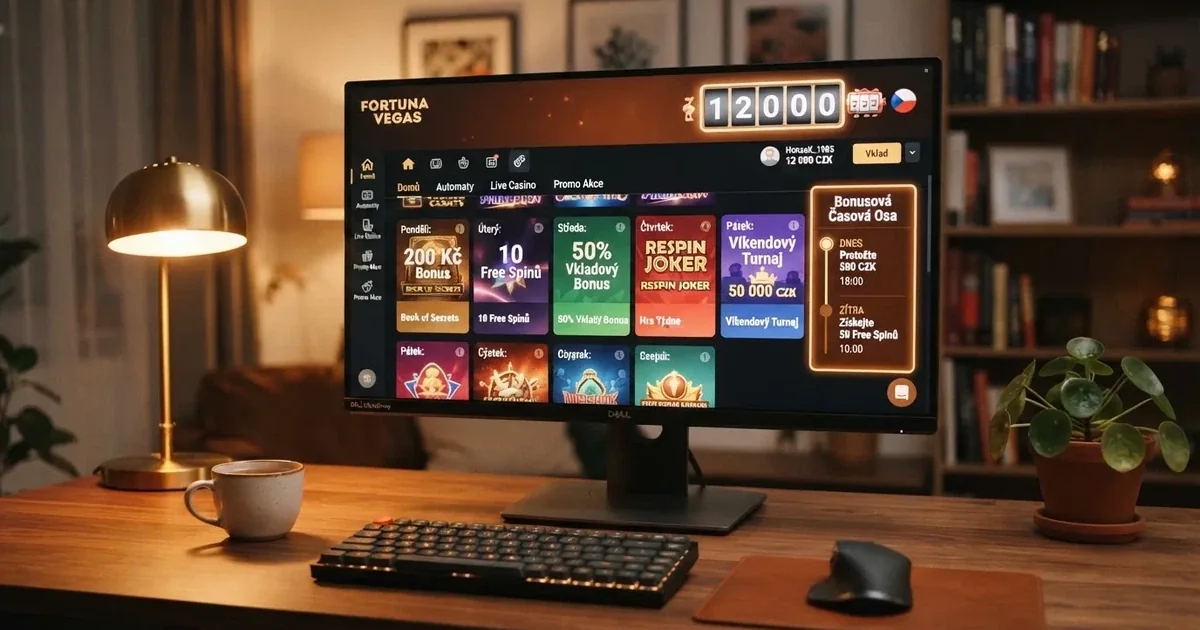 Rozhraní online casina s dlaždicemi denních promo akcí, zvýrazněný bonusový kalendář a počitadlo volných zatočení na dnešní den.