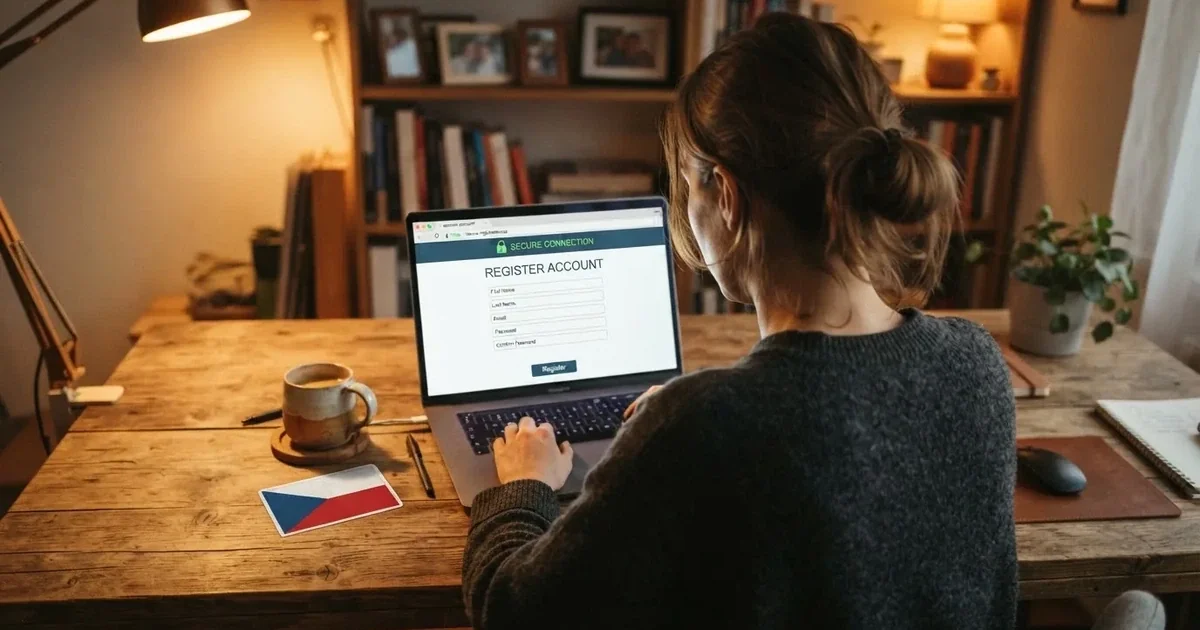 Hráč u počítače vyplňuje registrační formulář online casina, vedle ikona zámku a symbol české vlajky — povinné ověření