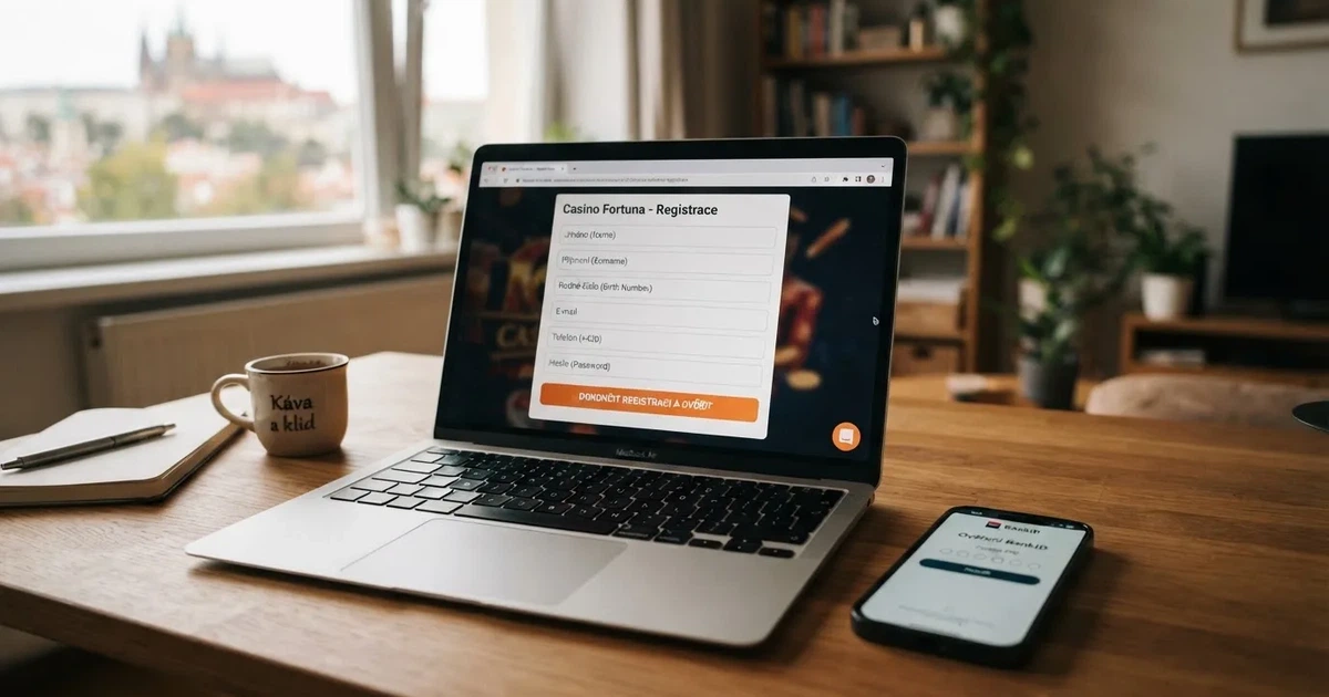 Česká online casino registrace na obrazovce počítače, vedle ní mobil s přihlášením do BankID