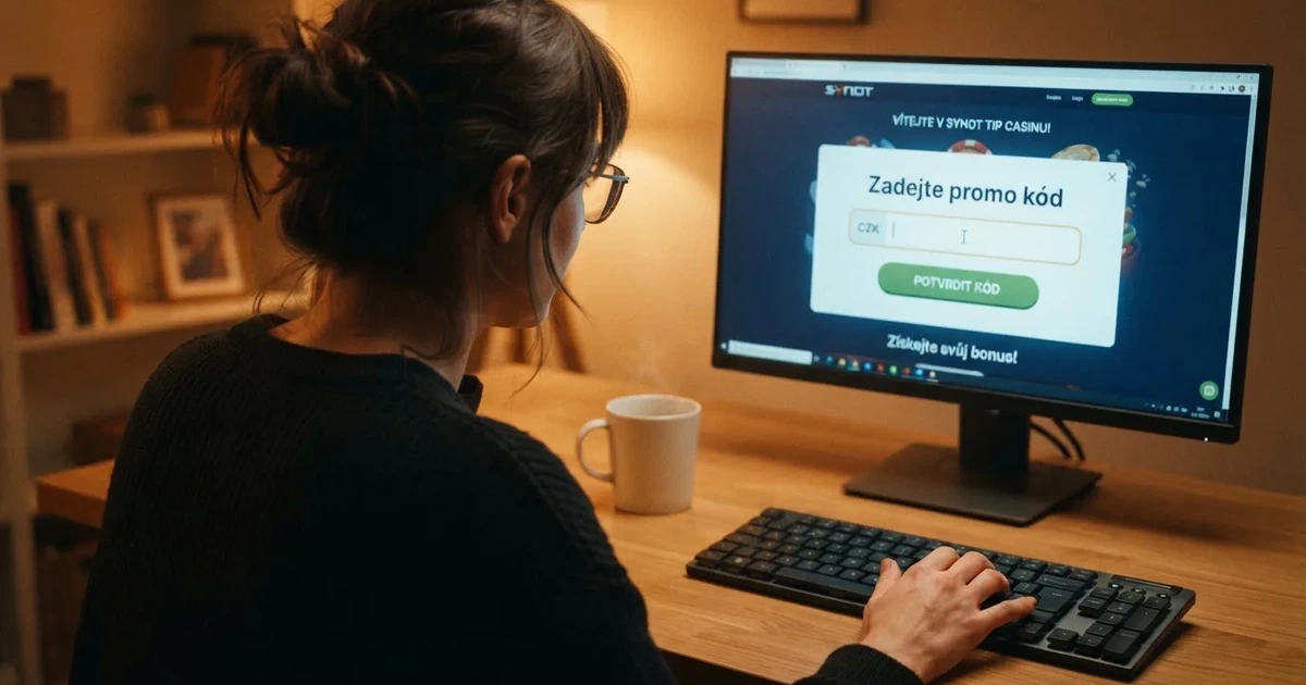 Hráč u obrazovky počítače zadávající promo kód do pole v sekci Bonusy online casina