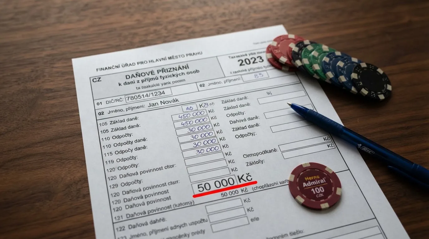 Ilustrace daňového přiznání a loga Ministerstva financí ČR na pozadí rulety