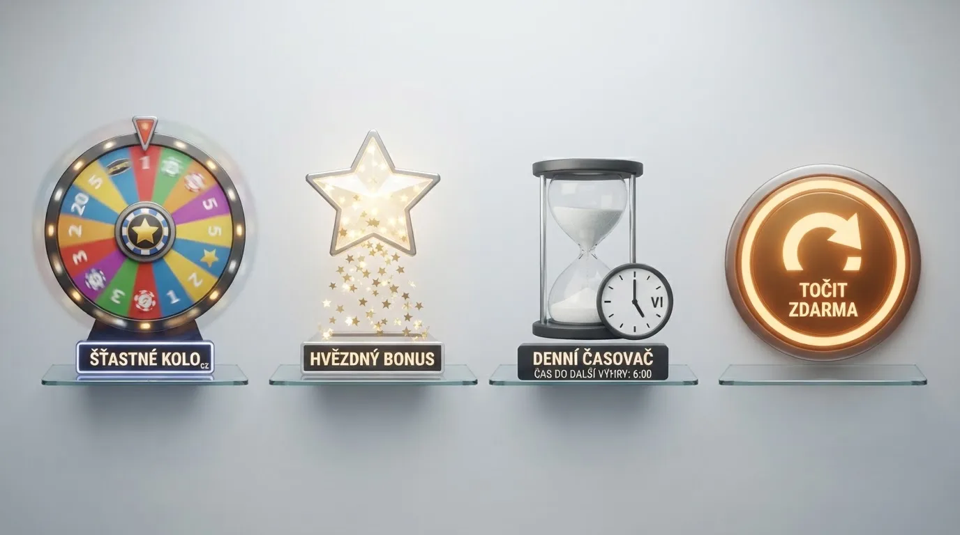 Koláž čtyř denních mechanik — roztočené Kolo štěstí, Hvězdomat s hvězdami, ukazatel Happy Hours a tlačítko Spin&Get — vedle sebe na obrazovce casina.
