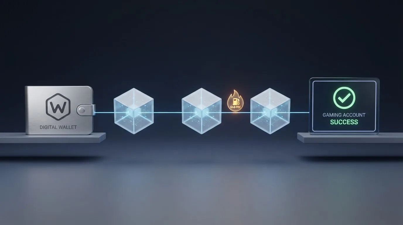 Schéma cesty etheru z kryptopeněženky přes blockchain do herního konta kasina s vyznačením gas poplatku