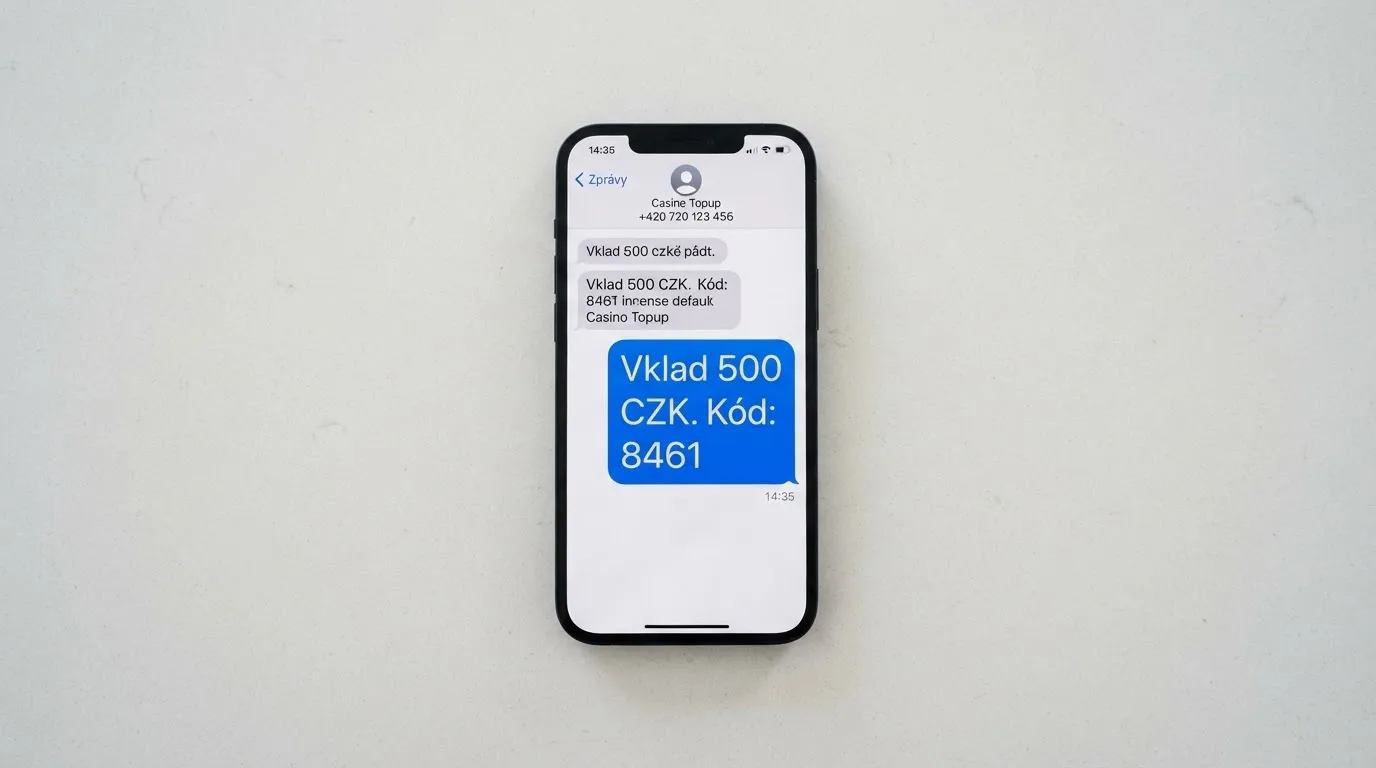 Ukázka obrazovky mobilního telefonu s rozepsanou SMS zprávou ve formátu pro casino vklad s uvedením částky a cílového čísla