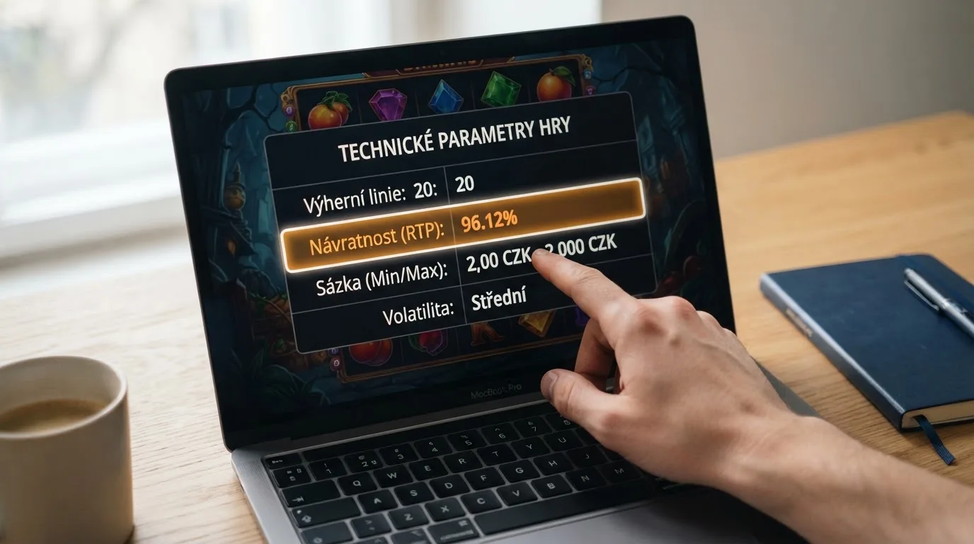 Detail herního plánu automatu s vyznačenou hodnotou RTP a dalšími technickými údaji, rozhraní českého licencovaného casina