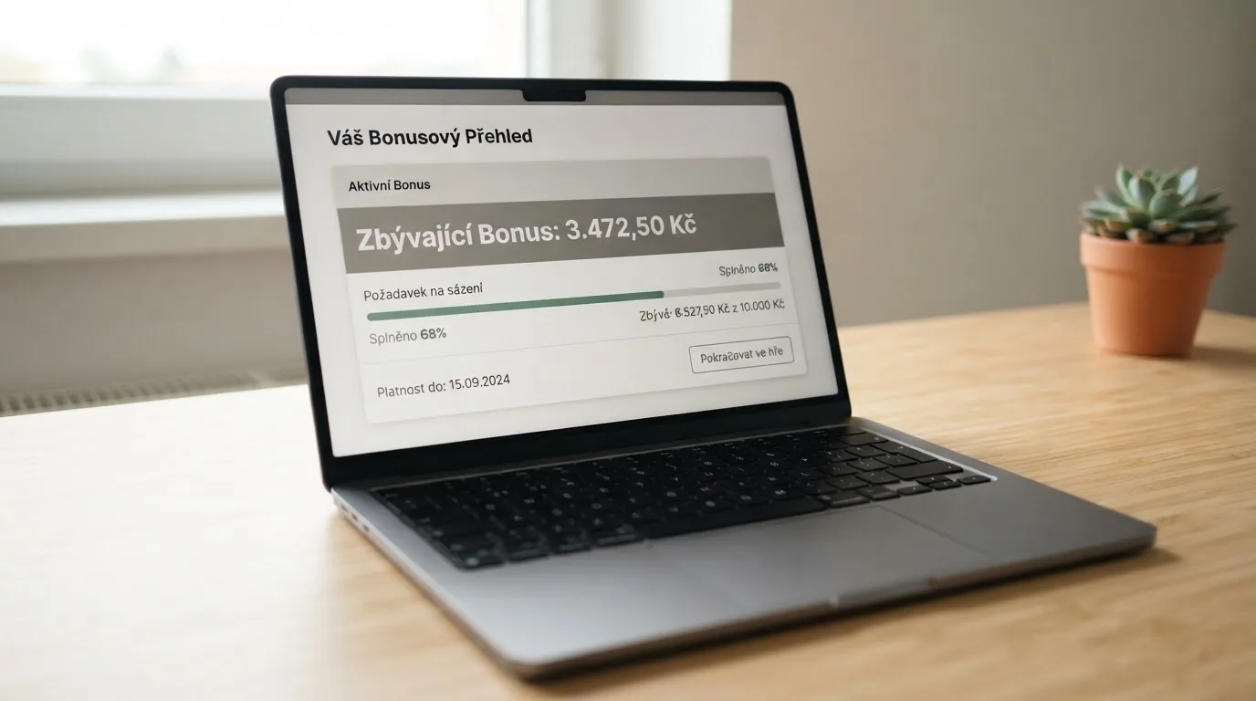 Rozhraní online casina s vyznačeným bonusovým zůstatkem a přehledem podmínek protočení — vedle bonusové částky je zobrazen ukazatel splněného obratu