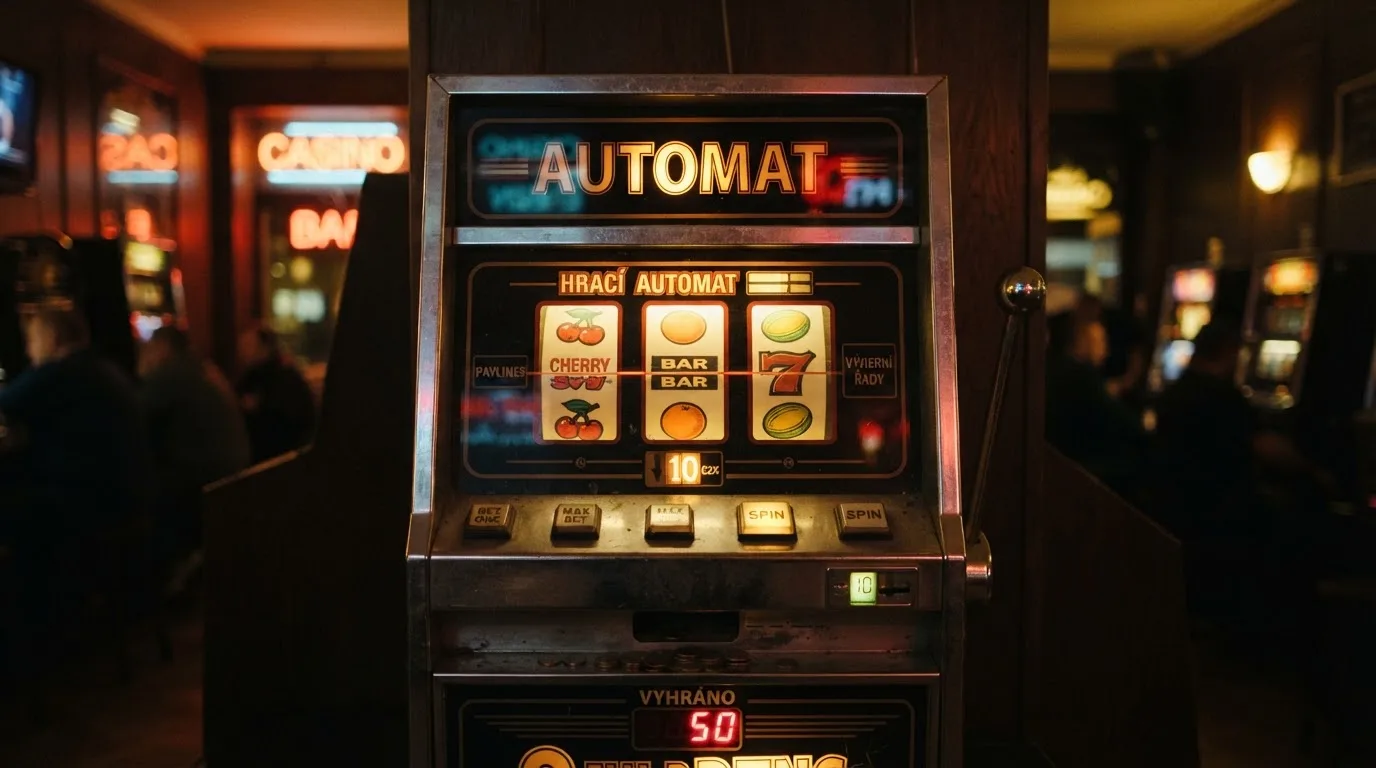 Klasický tříválcový ovocný automat s třešněmi, citrony a melouny na výherních liniích, stylizovaný do retro podsvíceného panelu