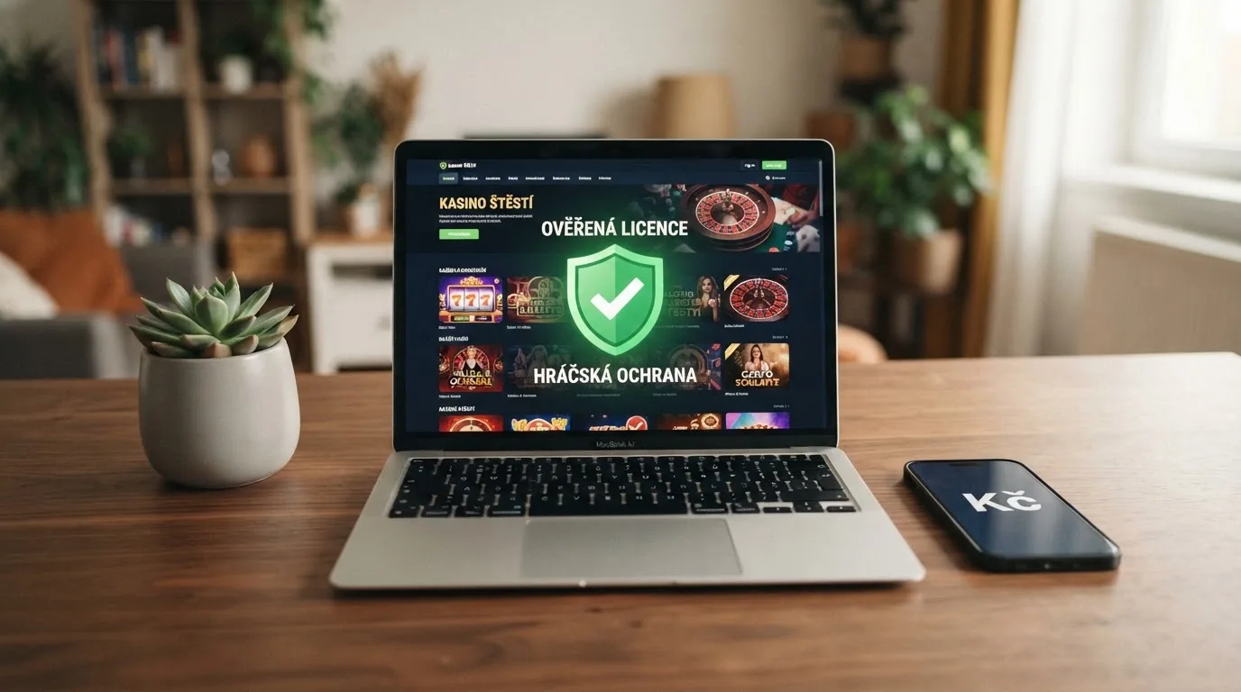 Dokument s razítkem Ministerstva financí ČR vedle obrazovky s online casinem — kontrast mezi úřední zárukou a digitálním hazardem.