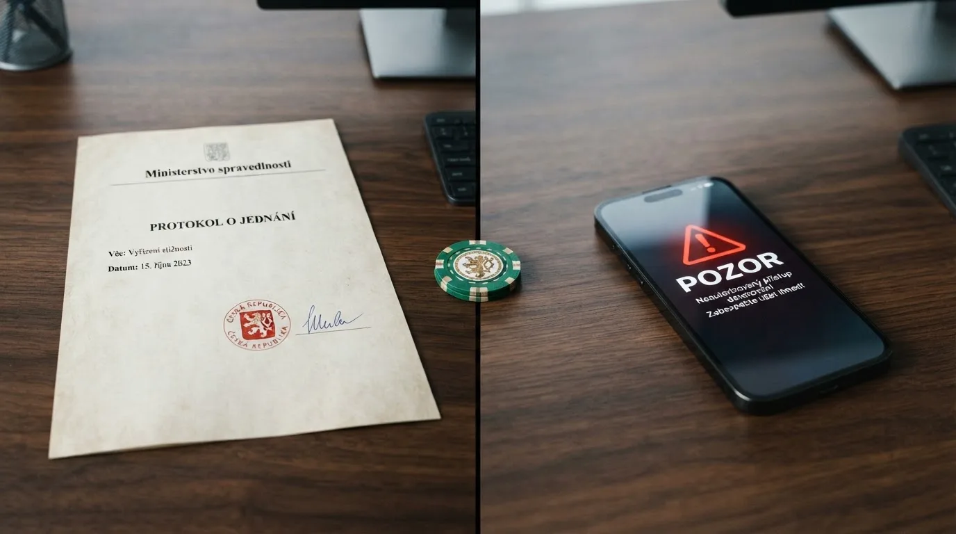 Úřední dokument s razítkem Ministerstva financí ČR vedle obrazovky s výstražným symbolem a nápisem nelegální casino