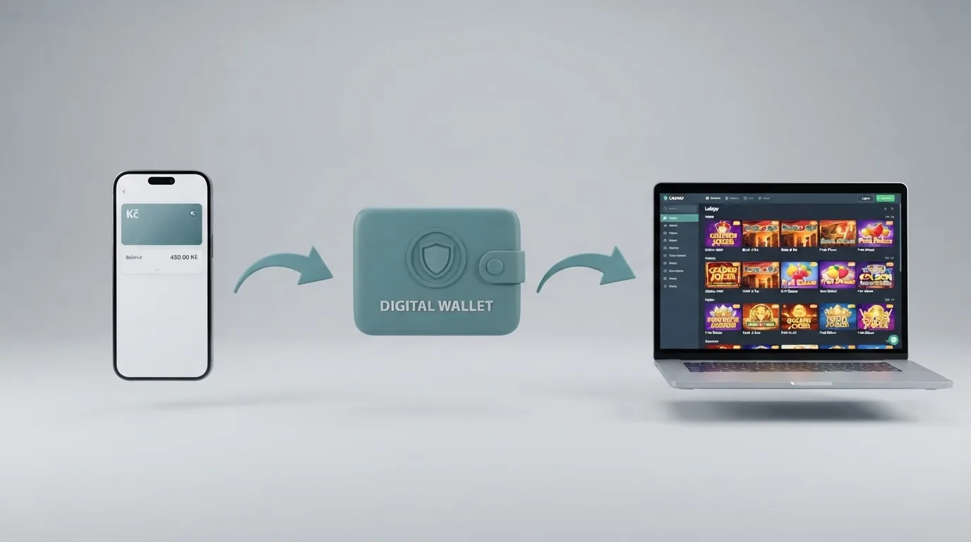 Schéma průběhu M-platby přes NeteraPay — mobilní telefon, logo NeteraPay, šipka k hernímu kontu v casinu