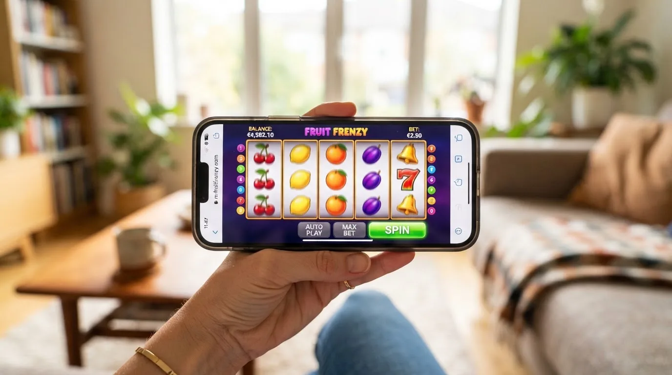 Chytrý telefon držený v ruce, na displeji roztočený online automat v mobilním prohlížeči, bez nainstalované aplikace