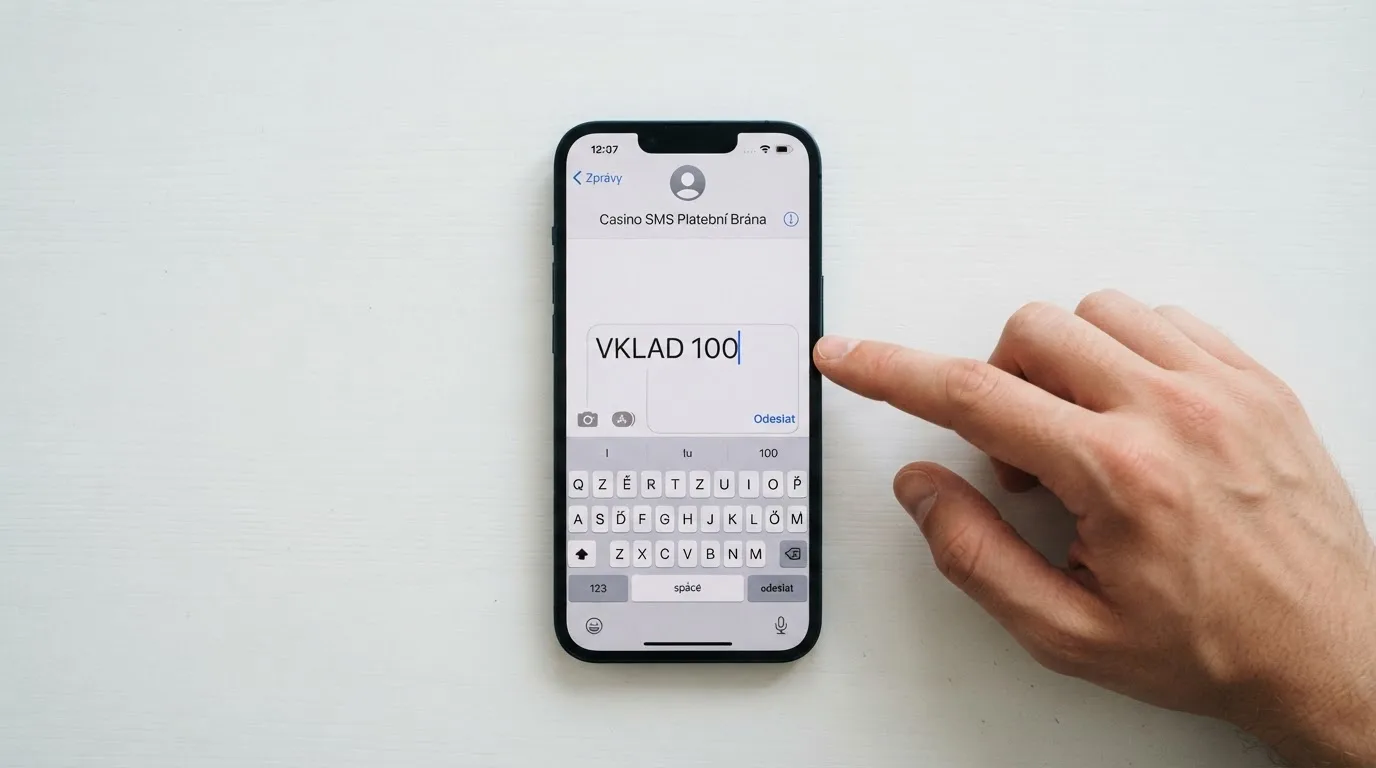 Displej telefonu s rozepsanou SMS zprávou pro casino vklad a logem NeteraPay