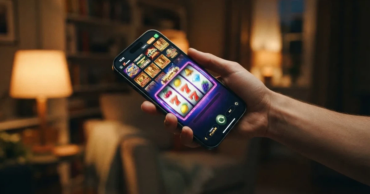 Hráč drží v ruce chytrý telefon, na jehož displeji je otevřené mobilní casino s výherními automaty