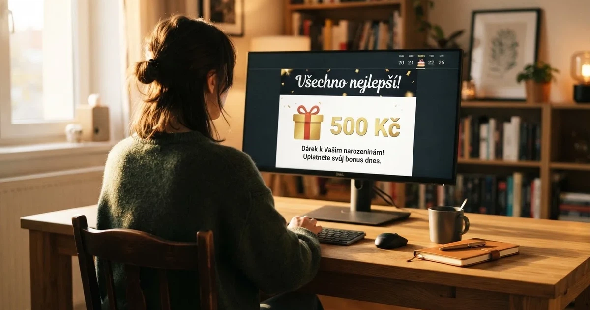 Hráč u počítače otevírá e-mail s narozeninovým bonusem od online casina, na obrazovce je vidět bonusová nabídka a datum narození