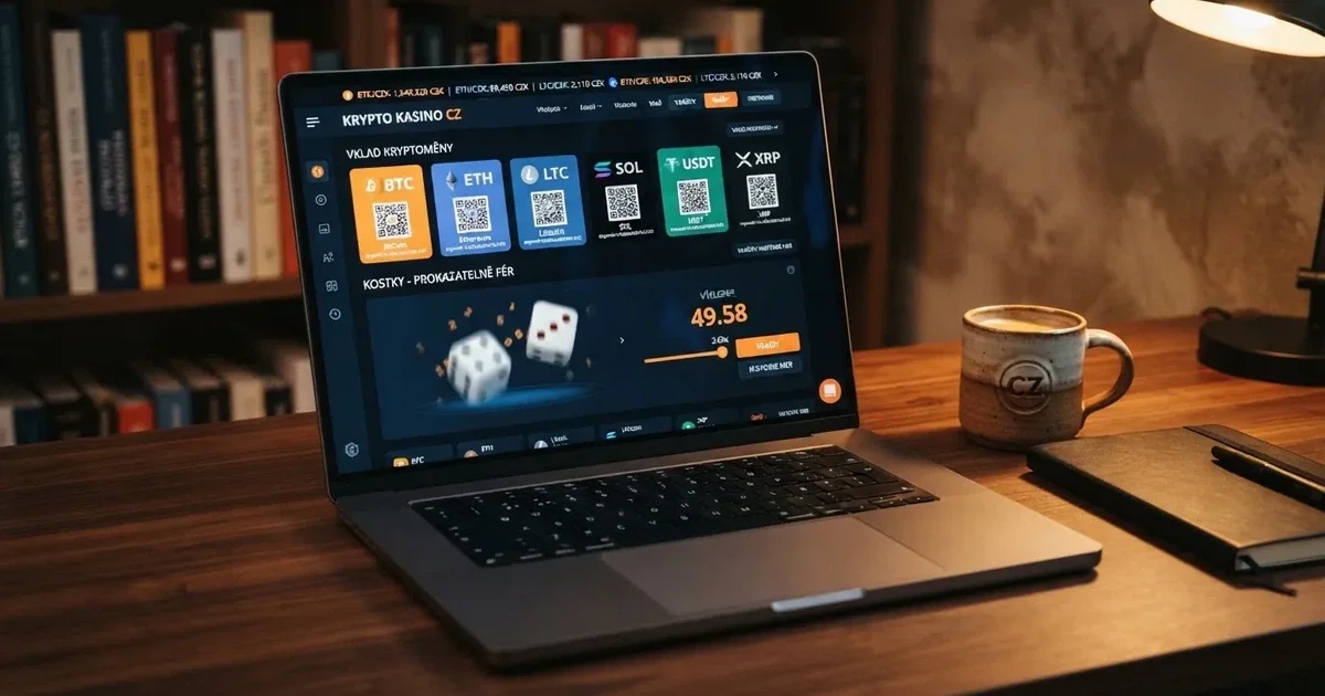 Rozhraní krypto kasina na obrazovce notebooku s výběrem kryptoměn, provably fair hrou a ukazatelem kurzu BTC