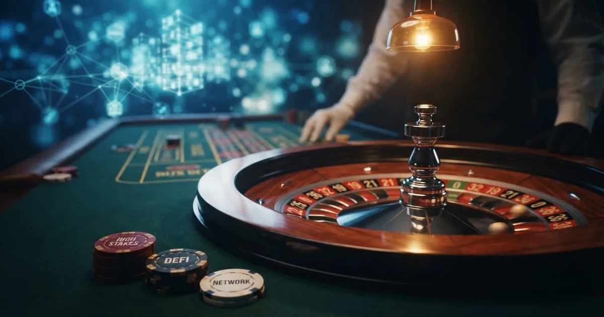 Kryptoměnové mince na digitálním pozadí s prvky kasina — ruleta a blockchain vizualizace