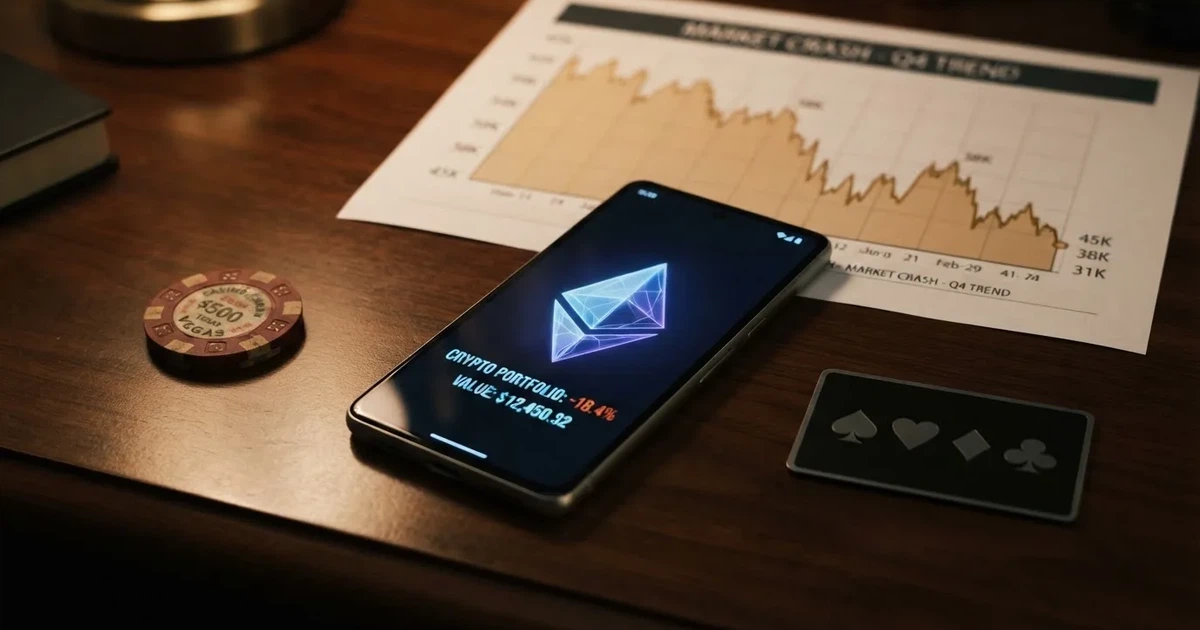 Ethereum logo na displeji telefonu vedle karetních symbolů, na pozadí kurzovní graf klesající etheru