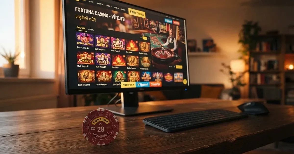 Přehledná koláž — obrazovka licencovaného online kasina na monitoru s českou korunou v popředí a logem MF ČR v dolním rohu
