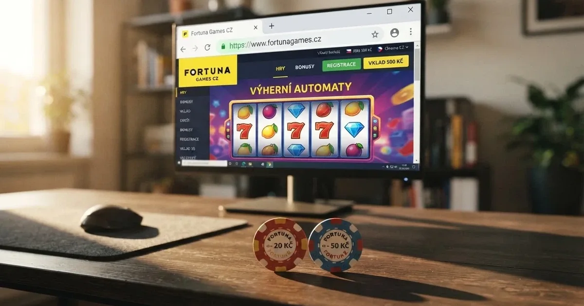Česká koruna a euro na stole před monitorem s otevřenou stránkou online casina a viditelnou ikonou zámku v adresním řádku