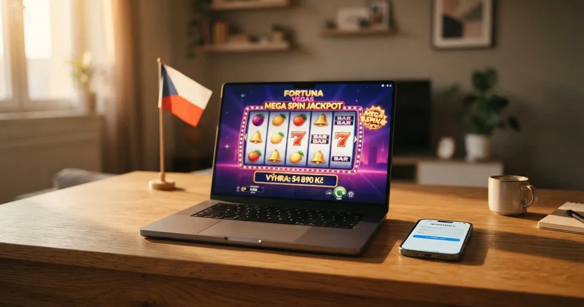 Rozhraní online casina na monitoru notebooku s českou vlajkou v pozadí, vedle leží mobilní telefon s otevřenou registrační stránkou