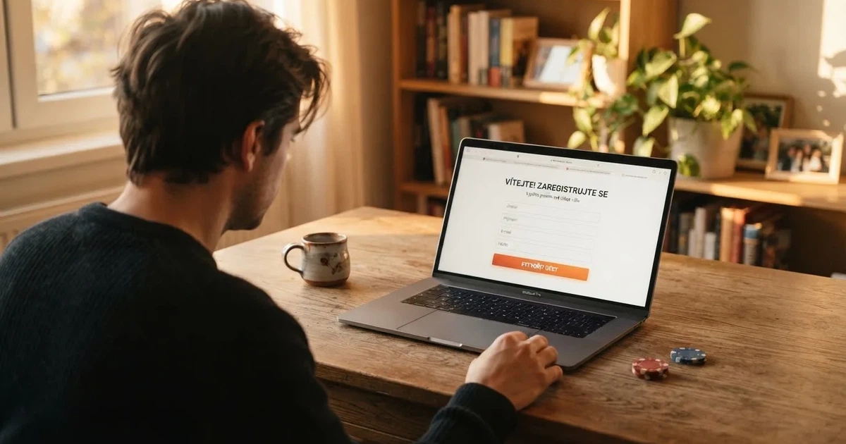 Registrace do online casina na notebooku, vedle leží český občanský průkaz a na displeji je logo MF ČR