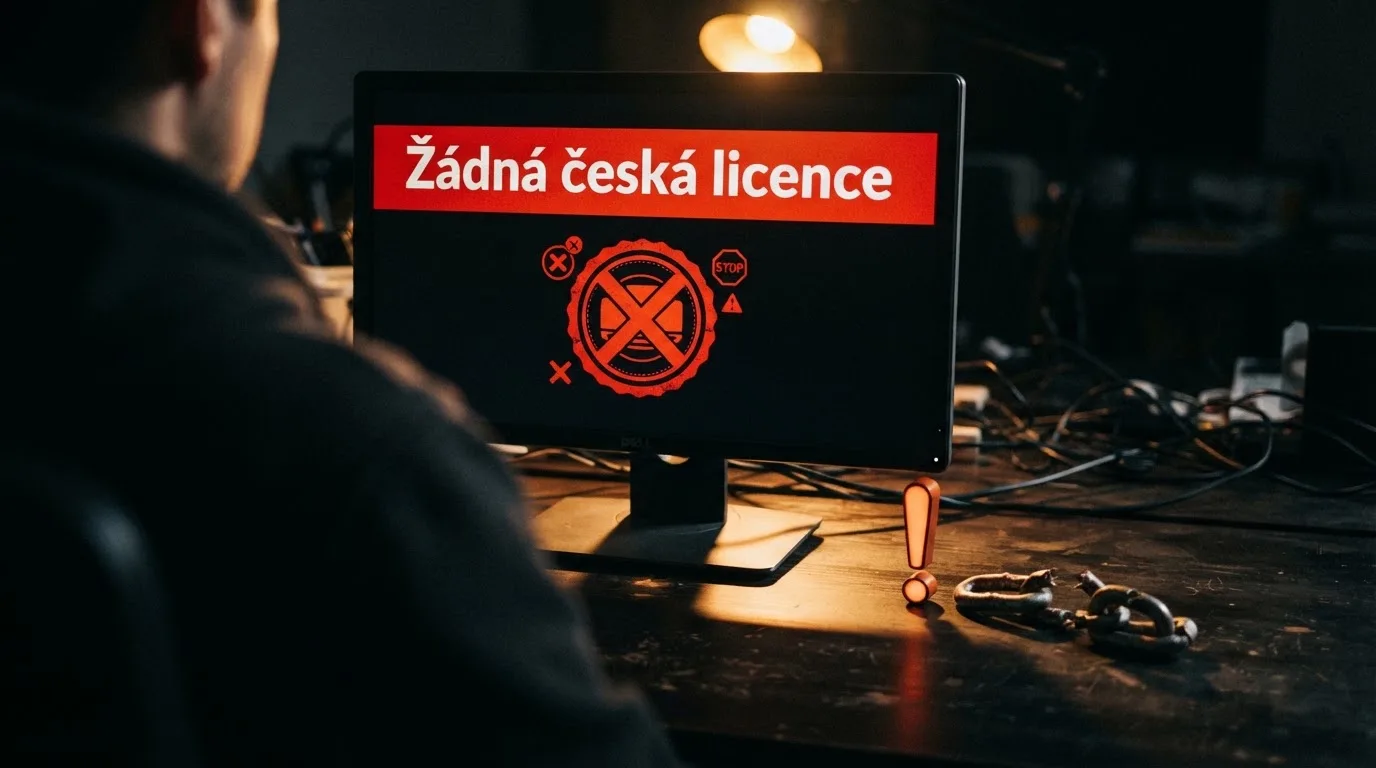 Varovný displej s nápisem „Žádná česká licence“ a razítkem MF ČR přeškrtnutým červeně, vedle symboly rizika — vykřičník a přetržený řetěz