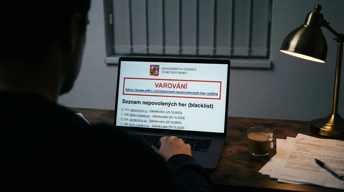 Úřední výpis ze Seznamu nepovolených internetových her MF ČR s vyznačenou doménou krypto kasina a razítkem Ministerstva financí