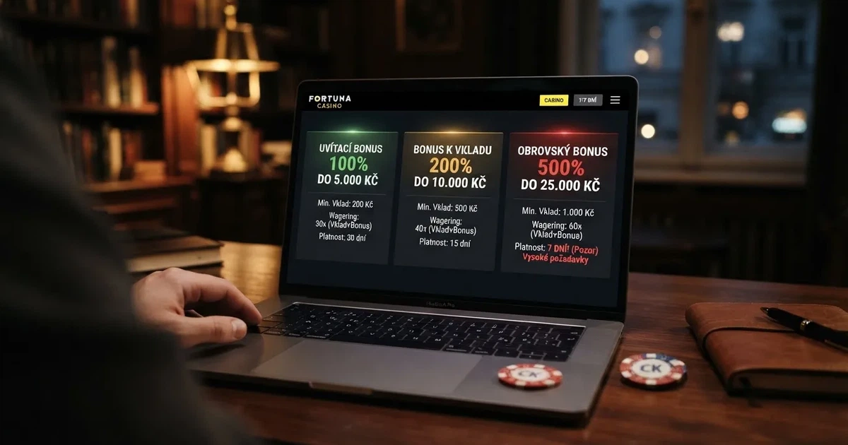 Srovnání tří online casino bonusových nabídek na obrazovce — 100%, 200% a 500% vedle sebe s vyznačenými podmínkami