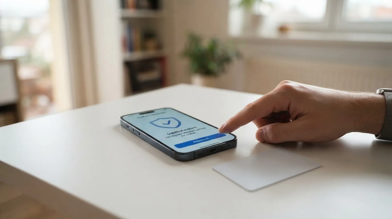 Mobilní telefon s rozhraním BankID a dokladem totožnosti položeným vedle něj