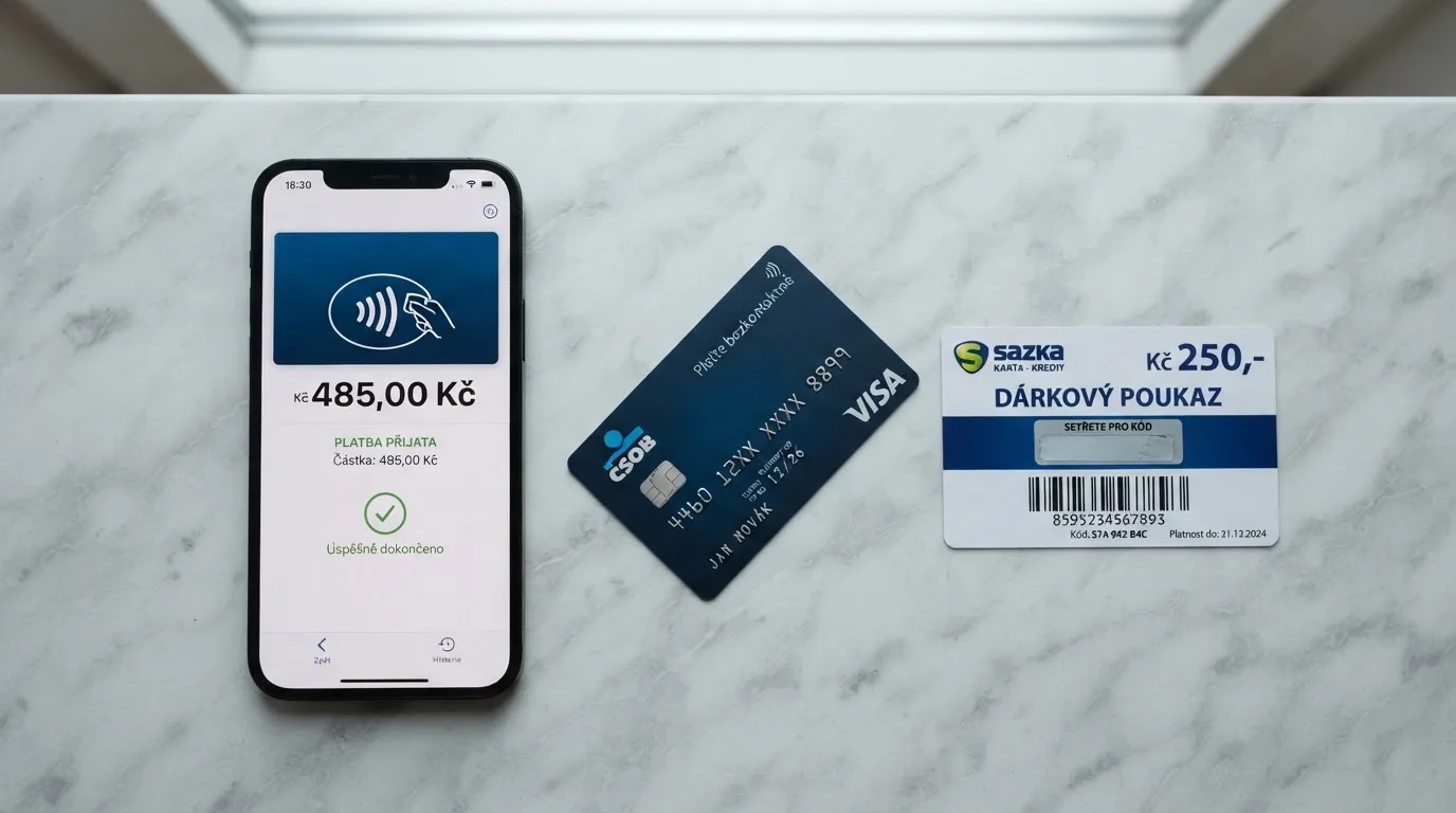 Telefon s otevřenou platební bránou Google Pay a vedle něj výběr dalších metod — karta, Skrill, Paysafecard