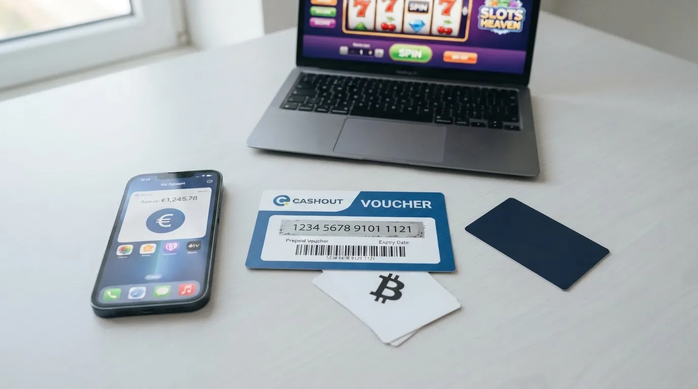 Koláž platebních metod — Paysafecard voucher s 16místným PIN kódem, mobil s aplikací bankovnictví, kreditní karta a bitcoin na pozadí rozhraní online casina