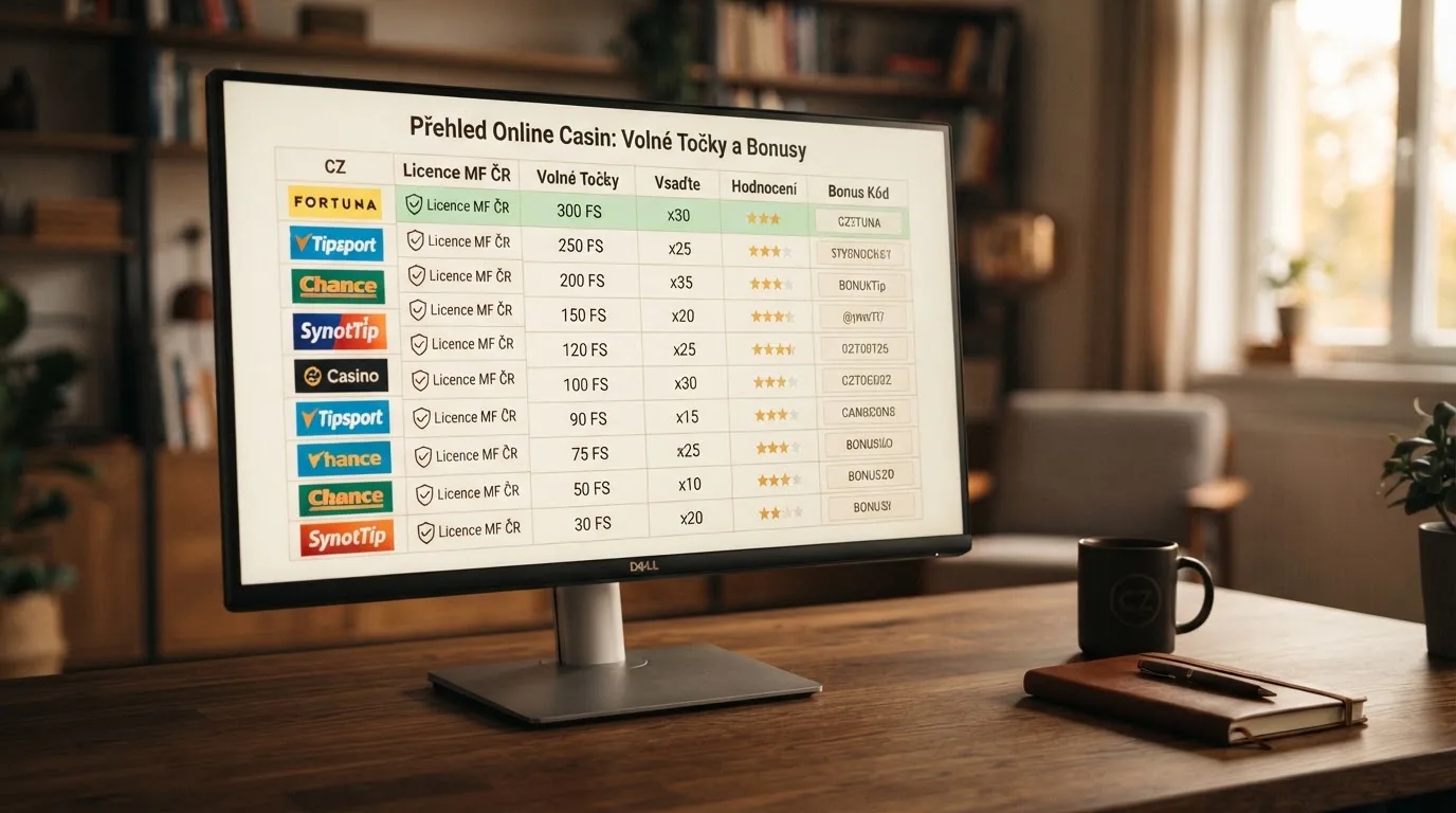 Přehledná srovnávací tabulka na monitoru s logy deseti českých licencovaných kasin seřazených podle počtu volných zatočení.