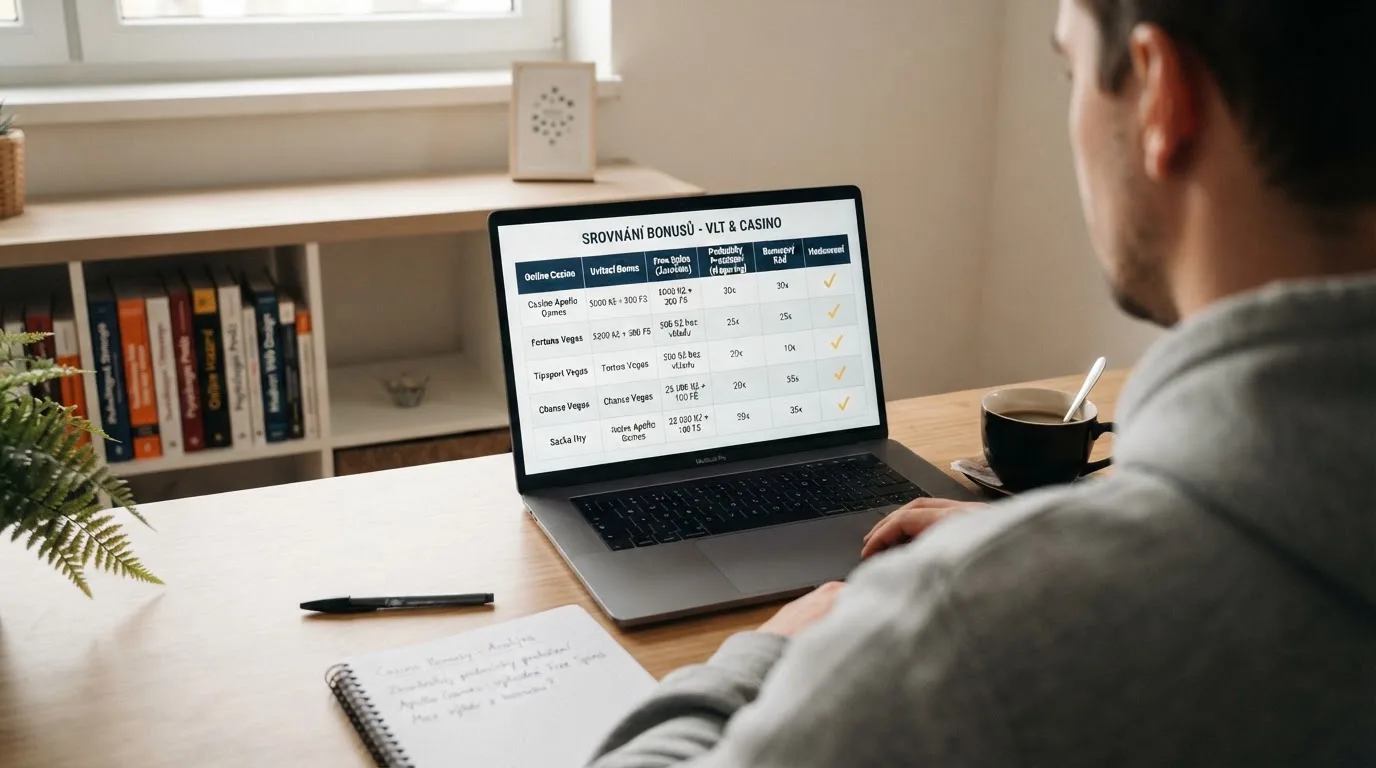 Srovnávací tabulka deseti online casin — sloupce s názvem operátora, typem licence, výší uvítacího bonusu, počtem free spinů a protočením, řazená podle data získání licence.