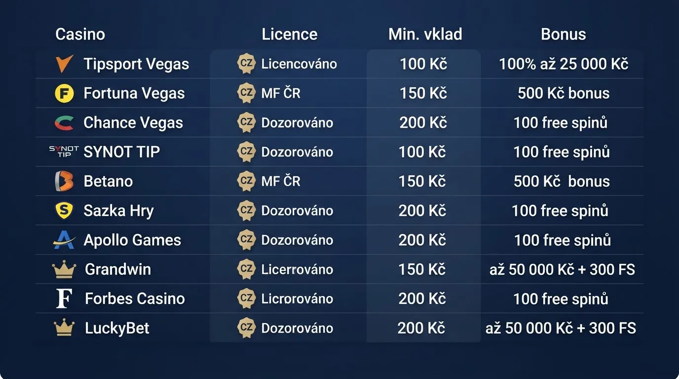 Tabulka s logy a klíčovými údaji deseti českých licencovaných casin