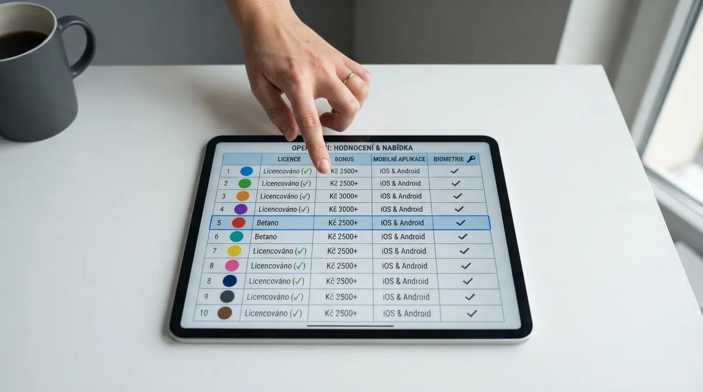 Displej tabletu zobrazující srovnávací tabulku mobilních casin s logy operátorů a klíčovými parametry