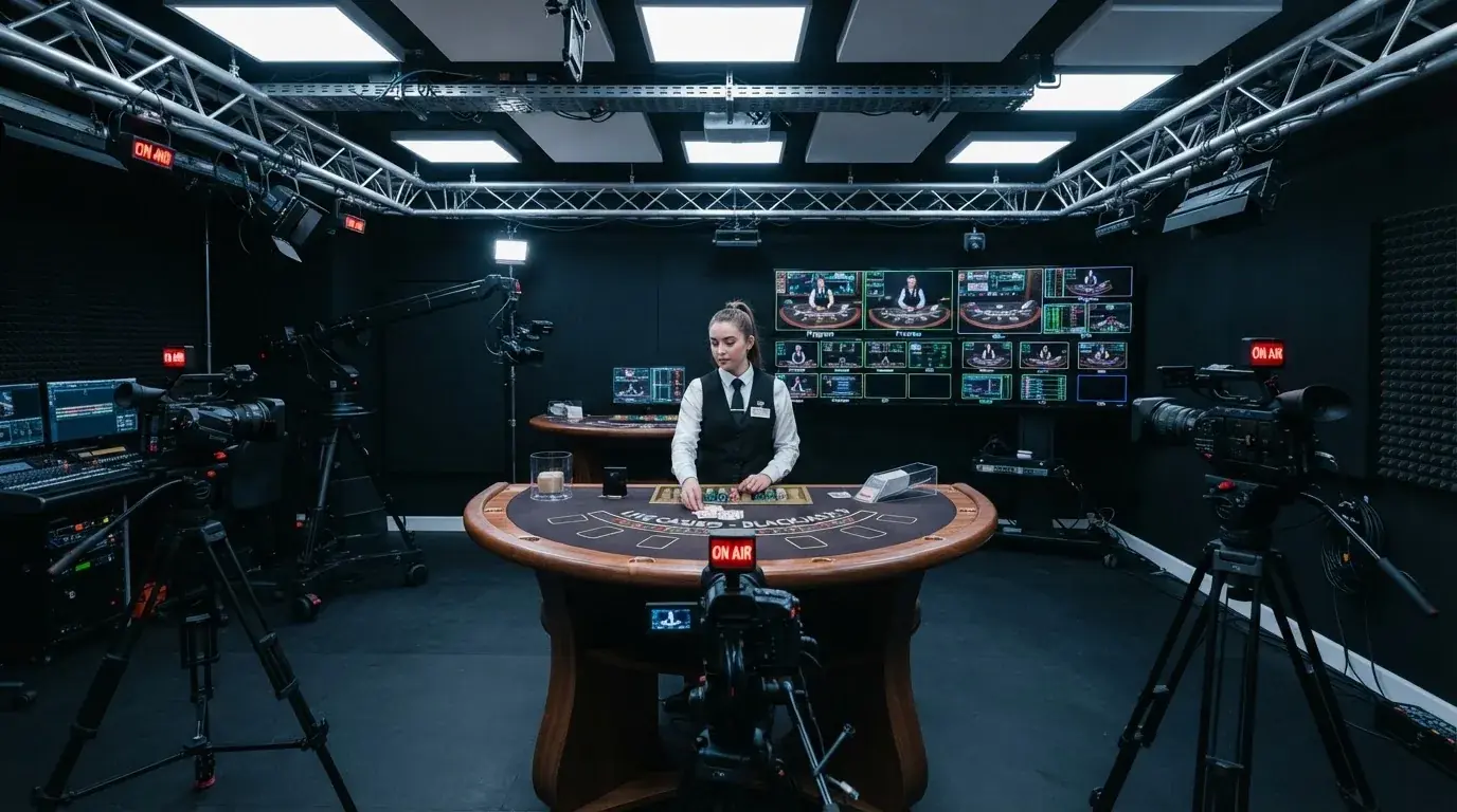 Interiér live casino studia s blackjackovým stolem, krupiérem a kamerami — pohled do zákulisí živého vysílání
