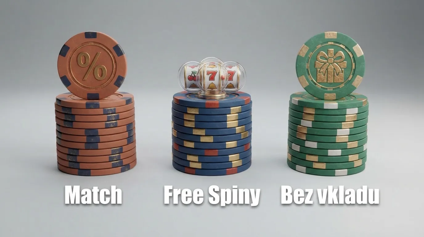 Grafické srovnání tří typů bonusů — procentuální match, free spiny a bonus bez vkladu — s popisky podmínek u každého z nich