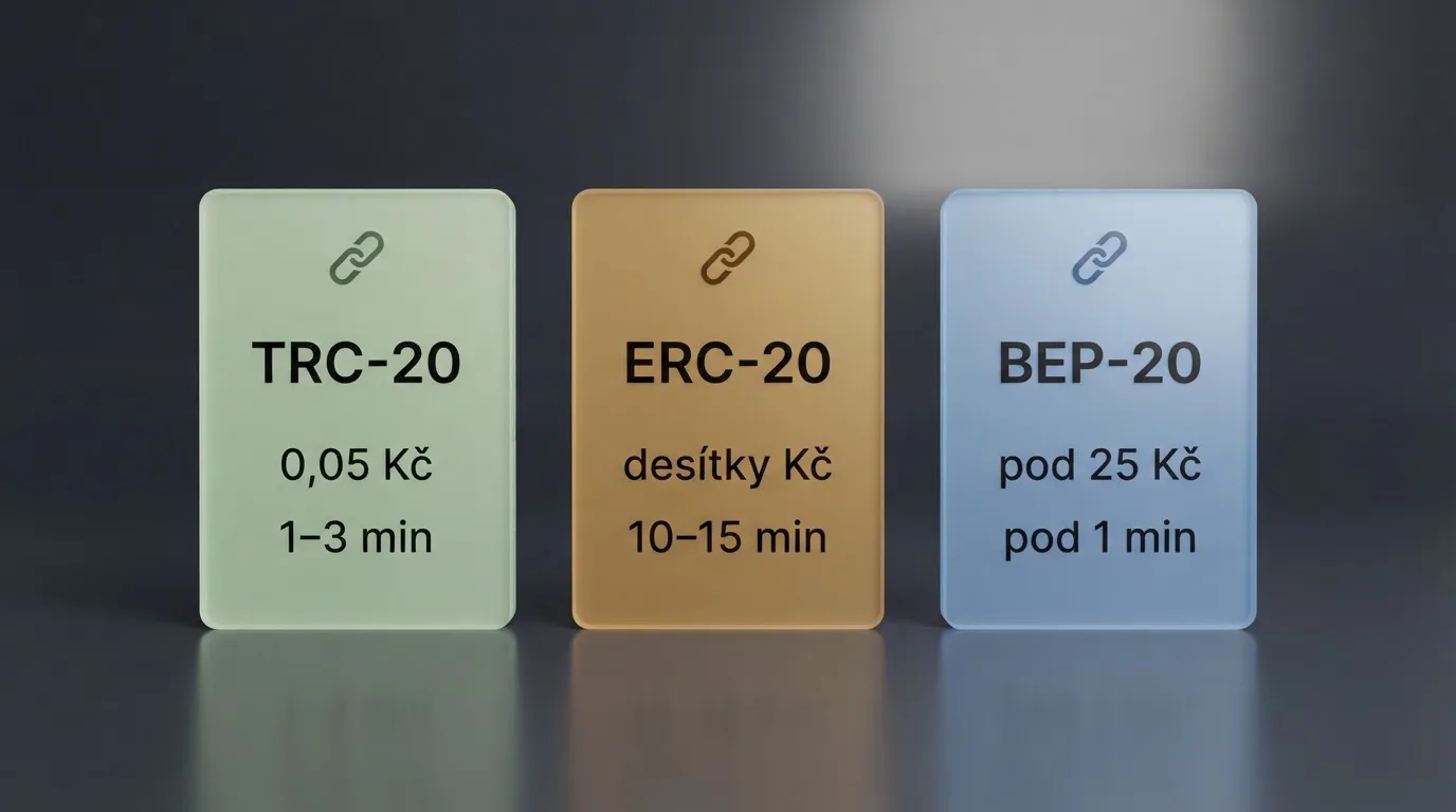 Schéma tří blockchainových sítí TRC-20, ERC-20 a BEP-20 s vyznačením orientačních poplatků a času potvrzení transakce