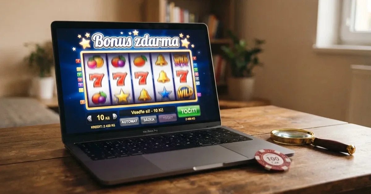 Herní automat s nápisem bonus zdarma na obrazovce notebooku, vedle něj symbol české koruny a lupa