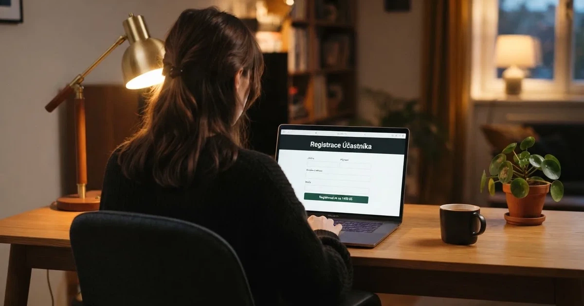 Hráč si na notebooku prohlíží online casino s českou licencí, na obrazovce je vidět registrační formulář a logo provozovatele