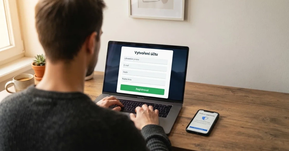Registrační formulář online casina na obrazovce notebooku, vedle něj mobil s aplikací Bank iD
