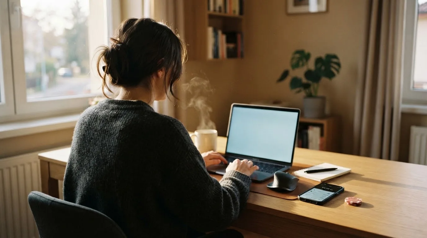 Spokojený hráč u notebooku s NeteraPay peněženkou na displeji telefonu
